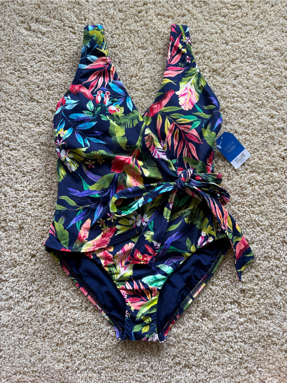 Lands End Wrap One Piece Swimsuit Womens 6 Tropical Floral Navy Blue